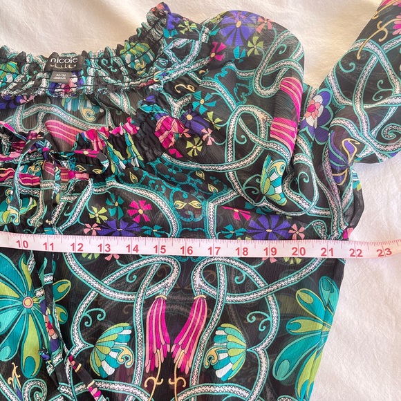 Nicole Miller Black Boho Floral Peasant Blouse Multi-Colour Sz M Renaissance Y2K - Picture 9 of 15